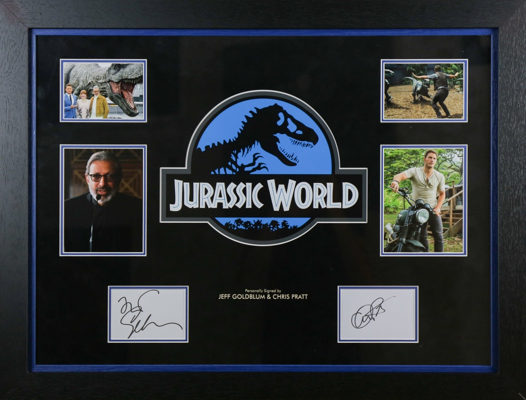 Jeff Goldblum and Chris Pratt, Jurassic World Signed White card Framed Display - Memorabilia Framers Shop